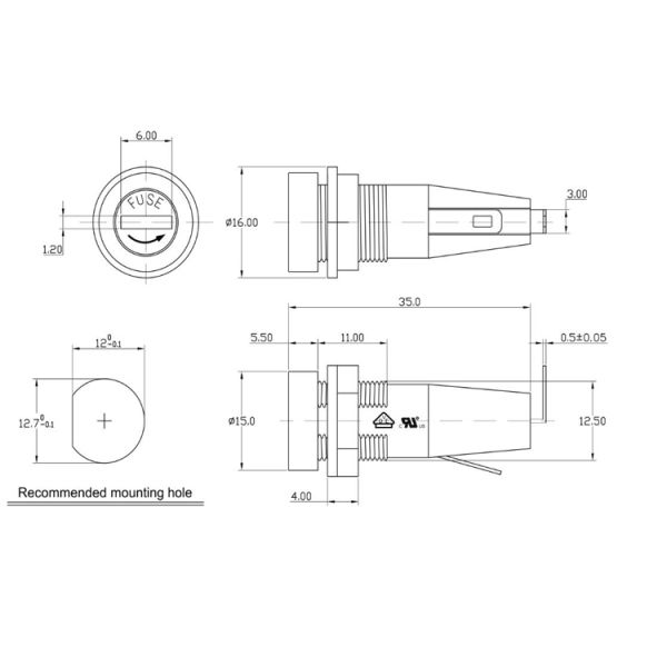 Патрон предохранителя патрона предохранителя 5*20 панели PTF-35 10 Amp 250 вольт плавкой части предохранителя UL 94V-0 PBT