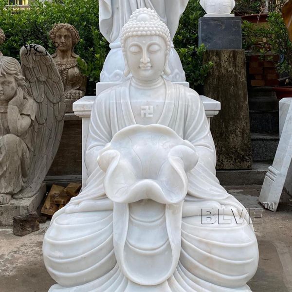 Sitting Meditation Marble Buddha Statue Home Decor Outdoor Fountain Stone Sculpture Holding Lotus Leaf Garden