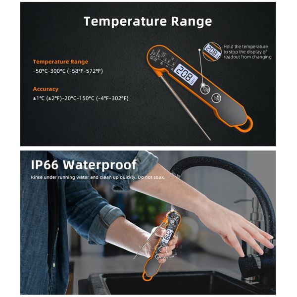IP66 Waterproof Digital Meat Thermometer for Kitchen Oven Microwave BBQ Grilling