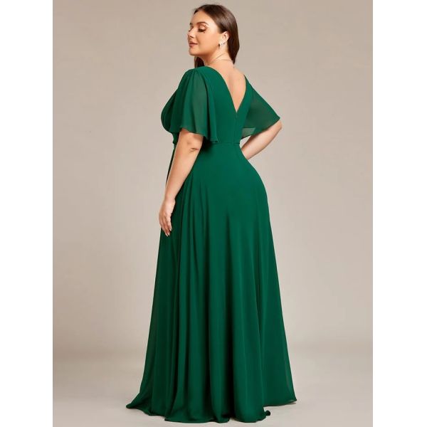 Simple V-neck Zipper Short Sleeves Empire Waist A-line Maxi Ruffled Dark Green Chiffon Bridesmaid Dress