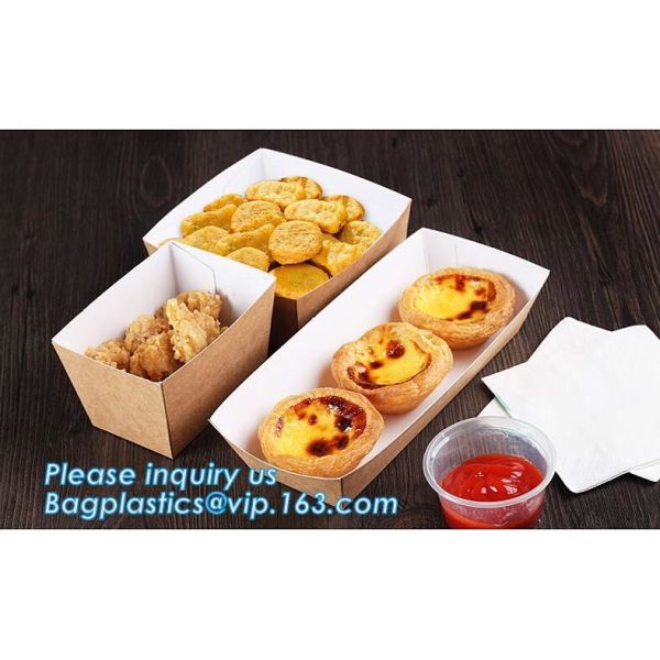 Disposable brown kraft paper boat paper food tray,Latest design food grade cardboard food fold paper boat trays bagease