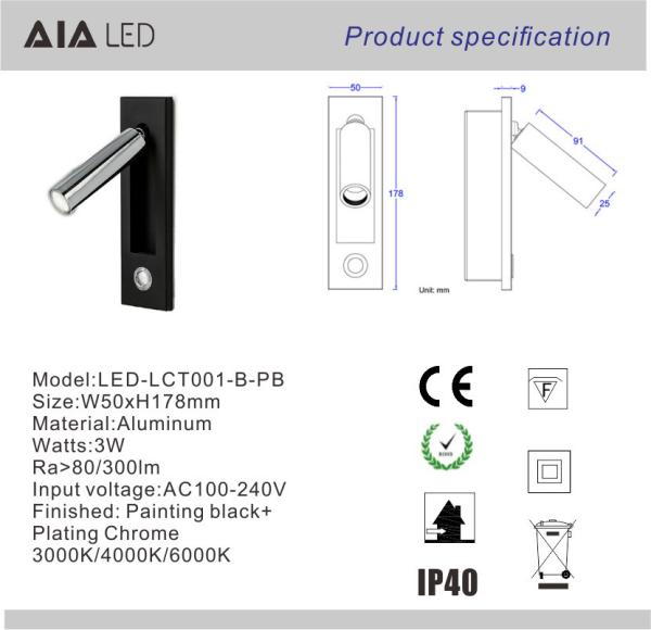 Contemporary embedded mounted Gold Brushed led wall lamps 3W led wall light led reading bedside wall light