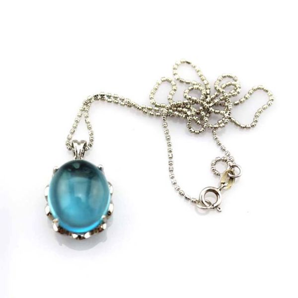 925 Silver Pendant Necklace with  Oval Dome Blue Topaz Cubic Zircon  (P40)