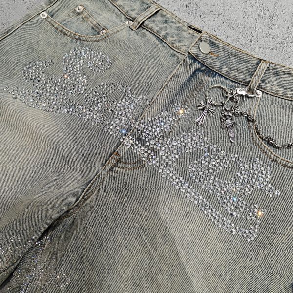 Custom Flared Knee Jeans Shorts Y2k Streetwear Embroidery Printed Vintage Double Waist Baggy Vintage Denim Jorts Men