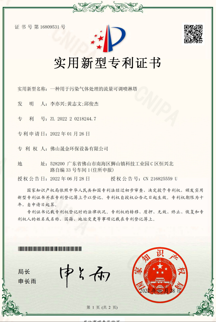 Foshan Shengjin Environmental Protection Equipment Co., Ltd. Certifications