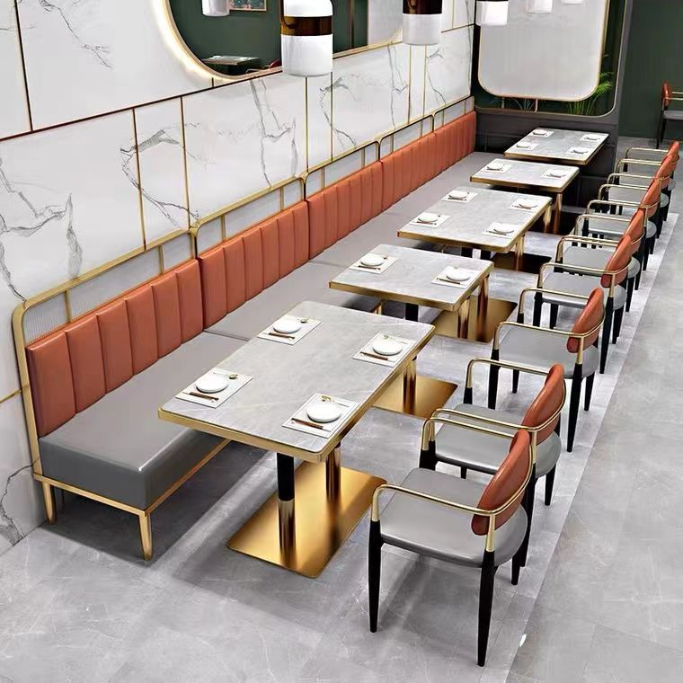 Luxury Restaurant Booth Seating Combination Leather Metal Marble Table