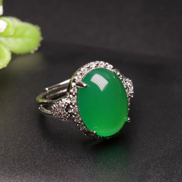Genuine Green Chalcedony Ring Agate Ring Jewelry Factory Chinese Luxury Ring Men Wear Unique Jewelry