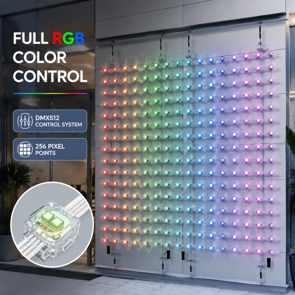 Flexible Transparent Square LED Mesh Curtain Dual LED Grid Screen 8x8 to 20x20 for Facade