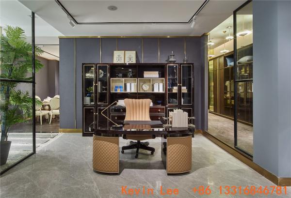 Luxury interior design furniture reading rooms writing desk and Bookcase with glass door in black glossy wood cabinets