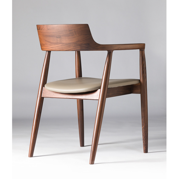 Dining Room and Living Room Contemporary Walnut Colour Wood Armrest Dining Chair with Fabric Leather Seat