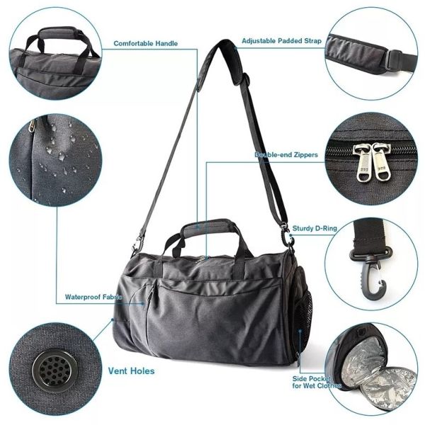 Polyester Anti Theft Travel Bag Gym Bag With Wet Pocket Shoe Compartment