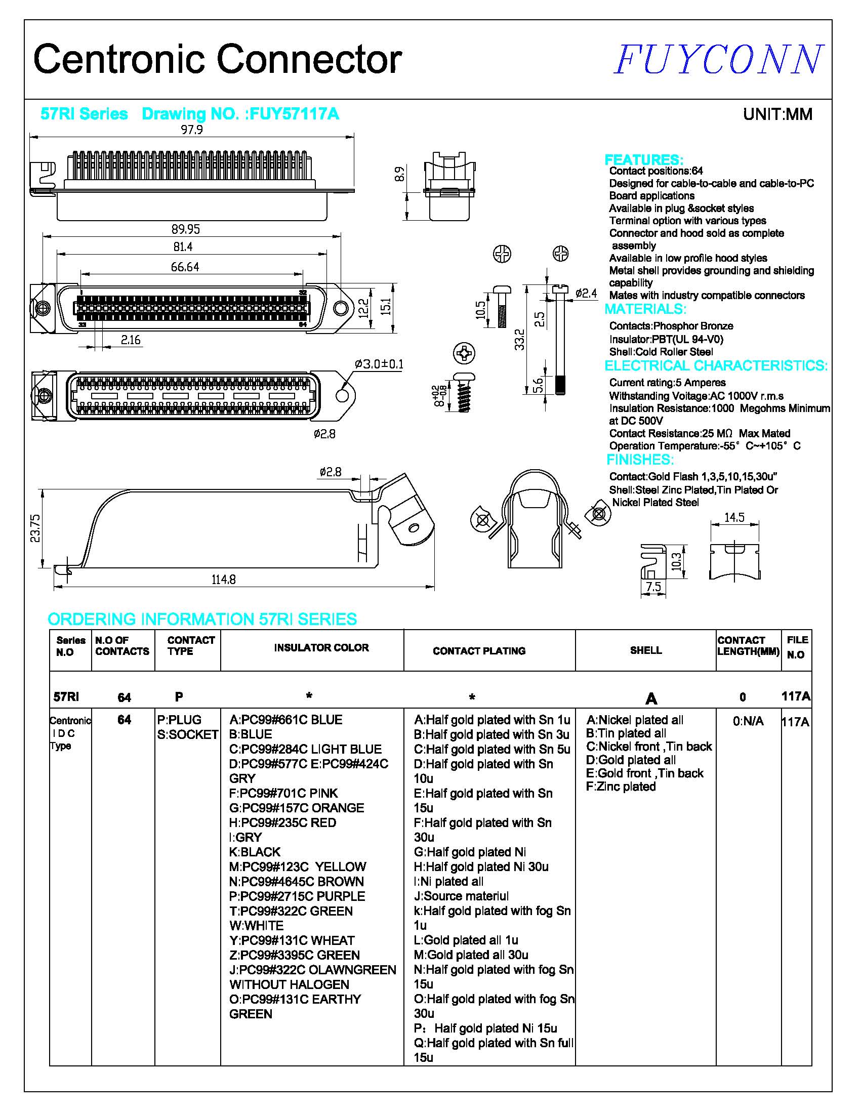 Разъем чемпиона разъём-вилка Pin IDC степени 64 Amphenol 90 с крышкой Matel