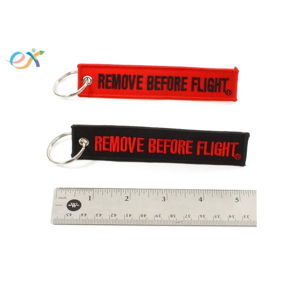 Remove Before Flight Woven Keychain Embroidered Name Keychain Color Black And Red