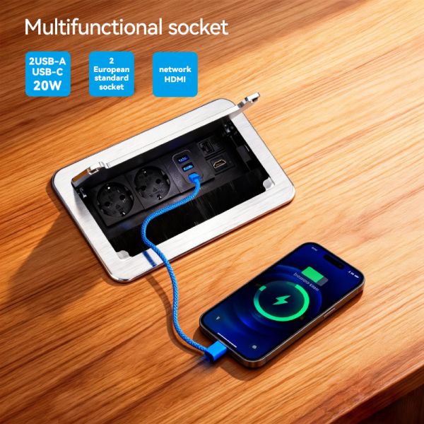 Modern Desktop Embedded Socket with 20W USB Charging Schuko Power Outlets and RJ45 CAT6 Port