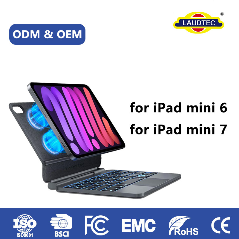 Magnetic Keyboard Case for iPad Mini 6/Mini 7,7‑Color RGB Backlit Multi‑Gesture Touchpad,80+ Strong Magnets Multi‑Angle Stand,Ultra‑Slim Folio Cover, Wholesale/ODM OEM Support for Bulk Business Orders