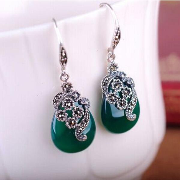 Retro Jewelry Thai 925 Silver with Marcasite Green Agate Earrings(LR1036GREEN)