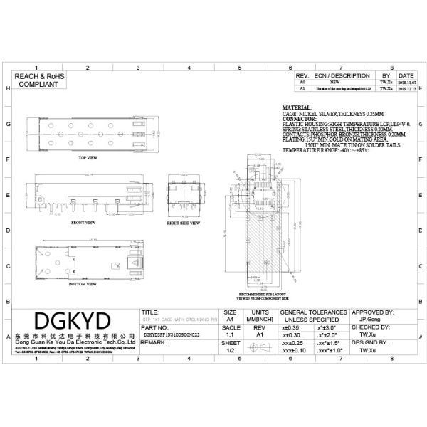 Соединитель волокна ODM 1x1 15U sFP OEM для типа пригонки прессы PCB