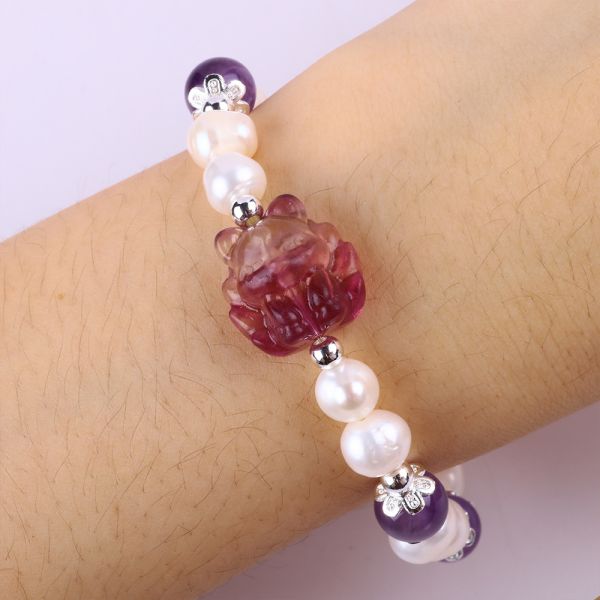 8mm Bead Amethyst Crystal White Fresh Water Pearl Bracelet