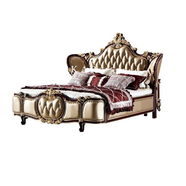 Classic Luxury Wooden Design Upholstered Leather Antique Headboard King Size Bed