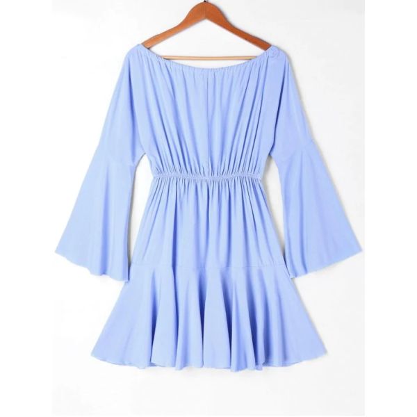 Blue Off Shoulder Mexican Embroidery Beach Casual Dress Women