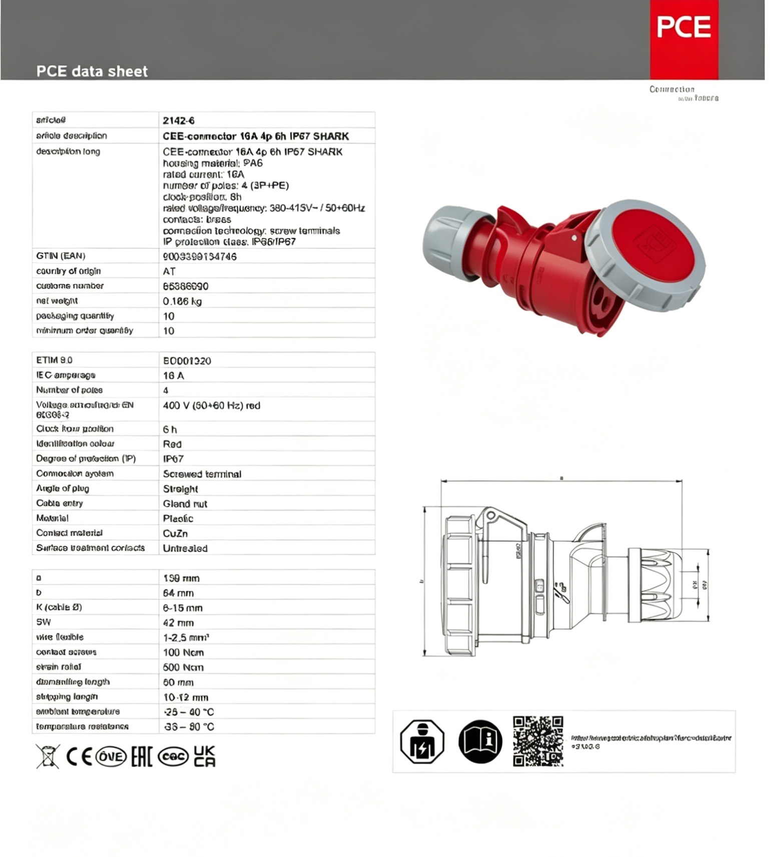PCE Industrial Waterproof Tunnel Connector Welding Machine Socket 380V-16A-4 Core-IP44- Typ2142
