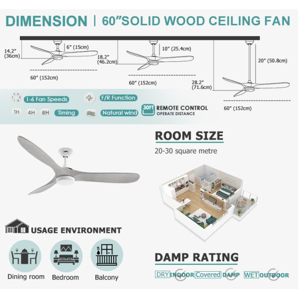 1stshine Ventilador decorativo de teto com luz LED e controle Wi-Fi inteligente 60 
