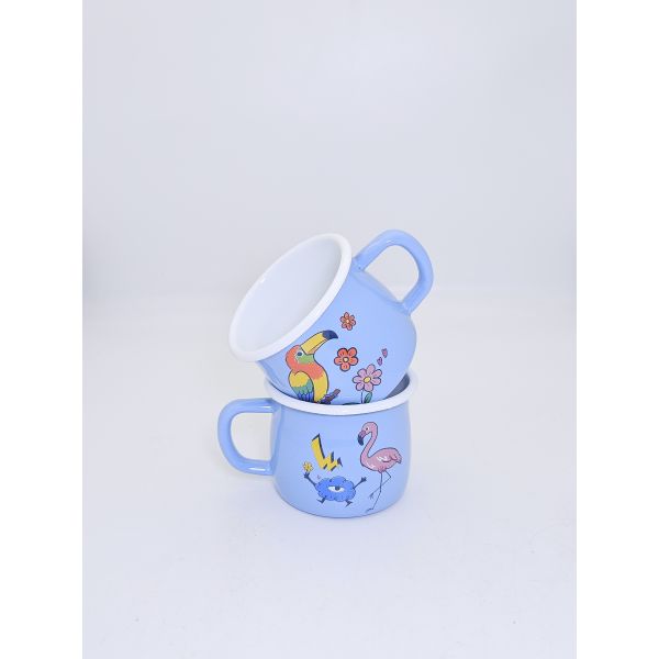7cm Light Blue Tropical Bird Floral Print Enamel Mug White Rim Enamel Coffee Tea Cup Stackable Daily Enamel Drinkware