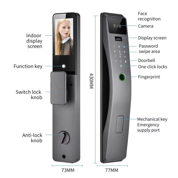 Tuya Smart Aluminum Alloy Fingerprint & 3D Face Recognition Lock with WiFi App and Key Backup