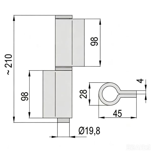 Heavy duty Welding hinge H26502, leaf width 45mm, with washer or bearing,material:iron, finishing:self color or zinc plating