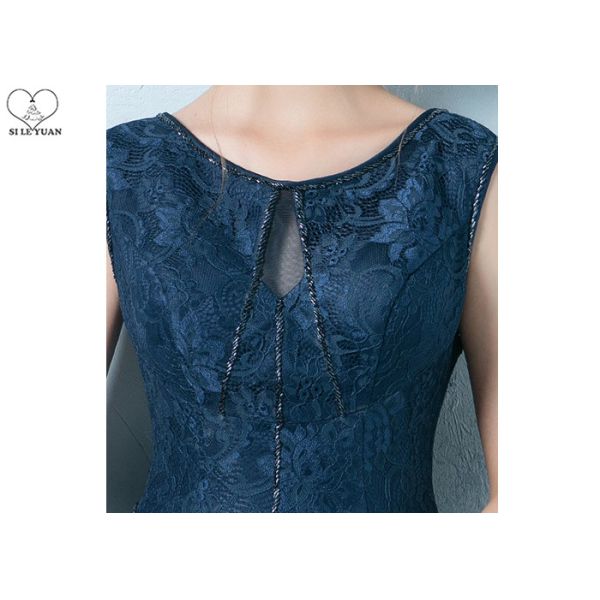 Navy Blue Lace Short Length Prom Dresses Knee Length Sleeveless And Beading