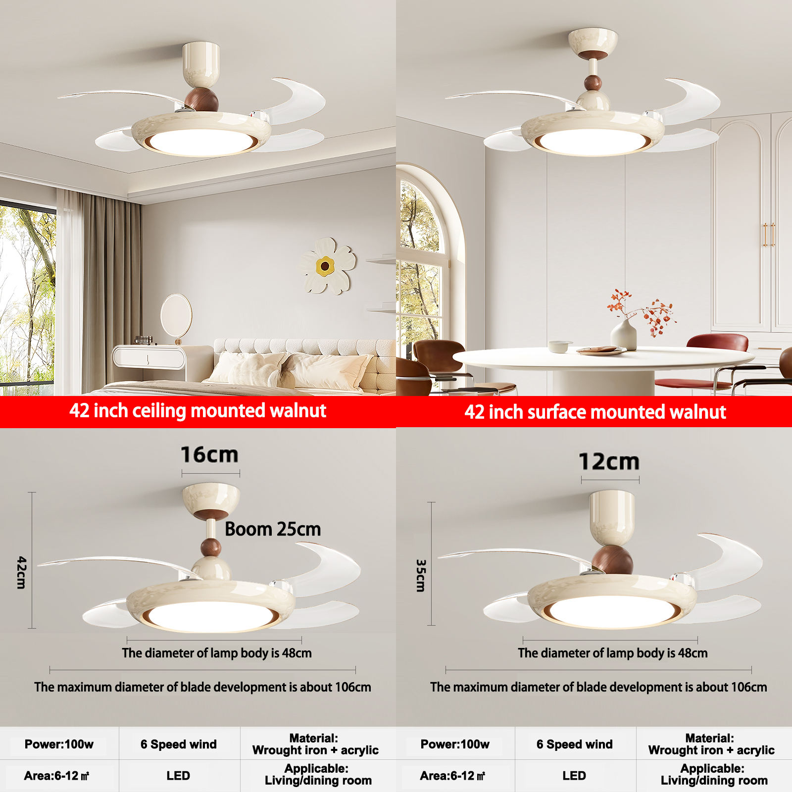 Ventilador de techo interior de lujo inteligente de 42 pulgadas del fabricante, ventiladores de techo modernos para sala de estar con luces brillantes