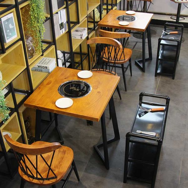 Retro Solid Wood Dining Chair High Back Metal Frame Restaurant Bar Chair