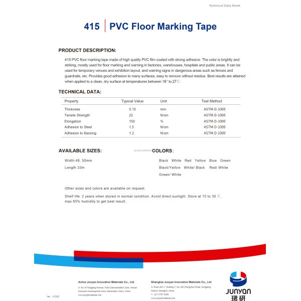 JUNYAN Heavy Duty PVC Floor Tape with Strong Adhesion for Industrial & Protection Use Customized Size Model 415 Different Colors