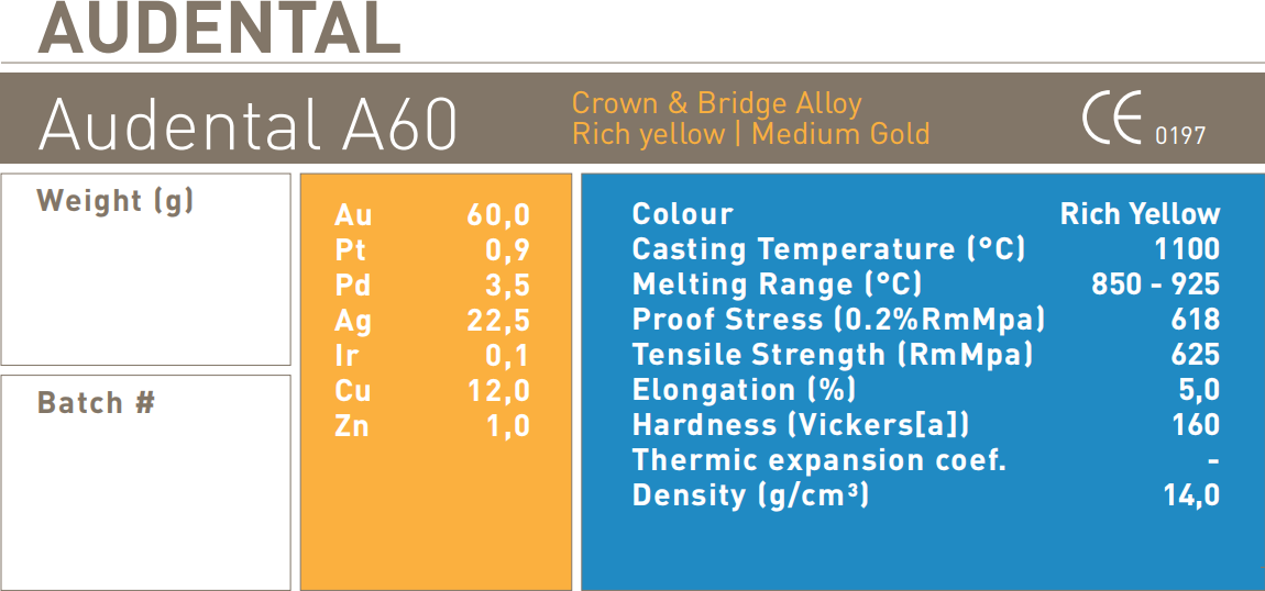 Audental A60 HIGH NOBL Alloy Crown&Bridge Alloy Yellow Au60%