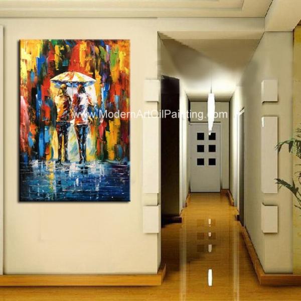 Framed Palette Knife Oil Painting On Canvas , Abstract Art Paintings Umbrella Girls