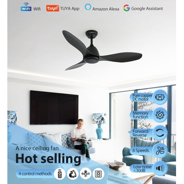 Ventilador de teto ABS preto com lâminas ABS 3* 6 Velocidade do vento ajustável e controle remoto
