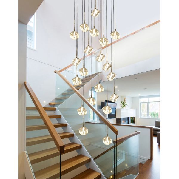 LED square pendant lights hotel villa large spiral staircase chrome Diamond Chandelier(WH-NC-57)