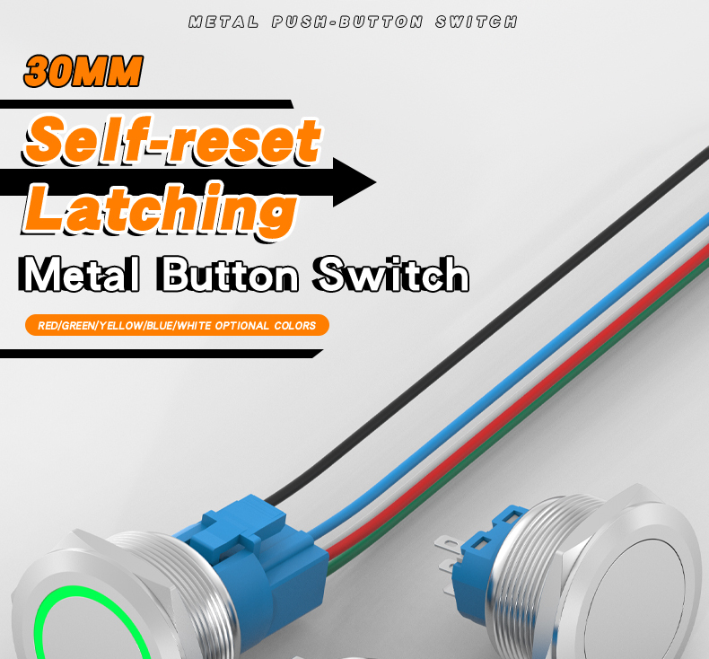 30mm metal push button switch, self-locking reset, with light ring, stainless steel start-stop button