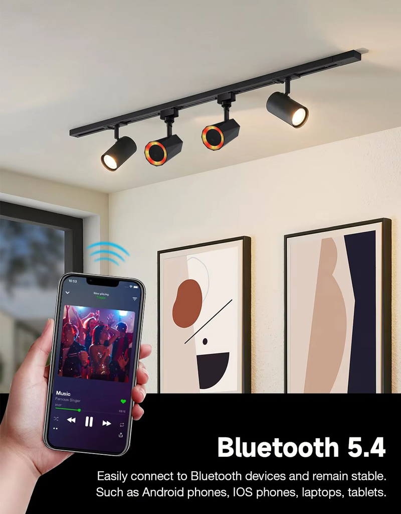 12W Bluetooth 5.3 Speaker Track Light with High CRI >90 for Shop and Room Lighting