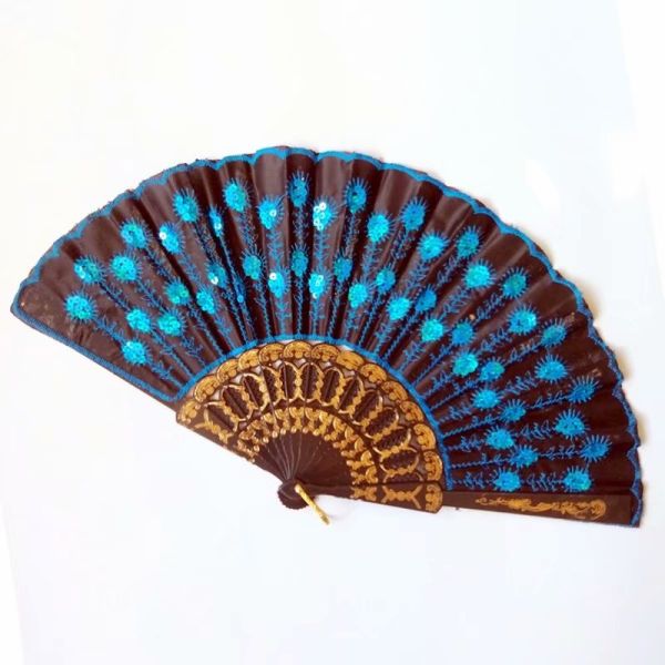 Hot Selling Foldable Hand Held Fan Black Plastic Embroidery Sequin Hand Fan