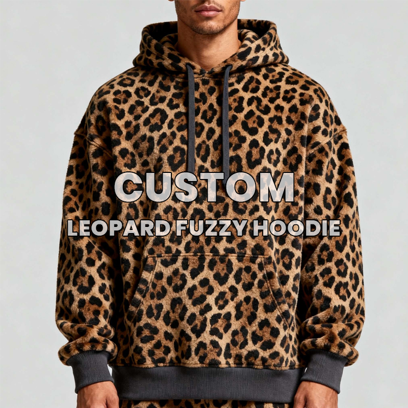 Men’s Oversized Leopard Print Fuzzy Hoodie | Cozy Plush Pullover with Kangaroo Pocket | Streetwear Style