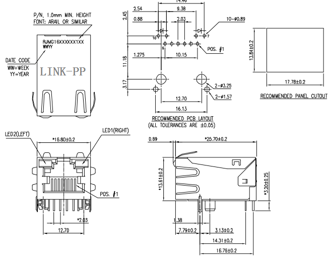 RJMG163123101NR RJ45 с интегрированным Magnetics Rjmag 10/100 одиночных портов с СИД