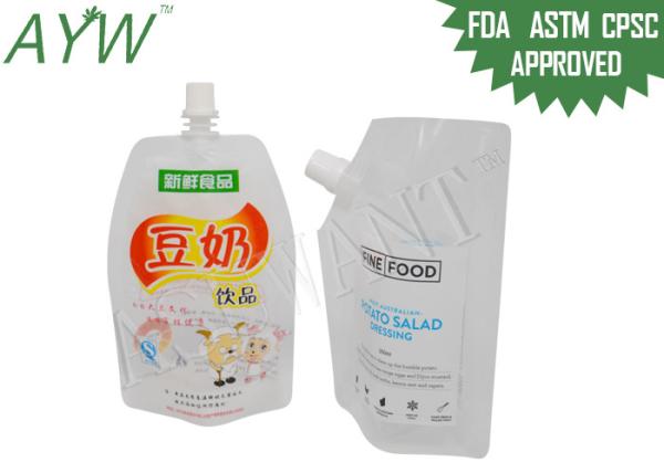 Transparent Food Grade Plastic Bag For Liquids , Stand Up Spout Pouch For QC Nutritious Soymilk