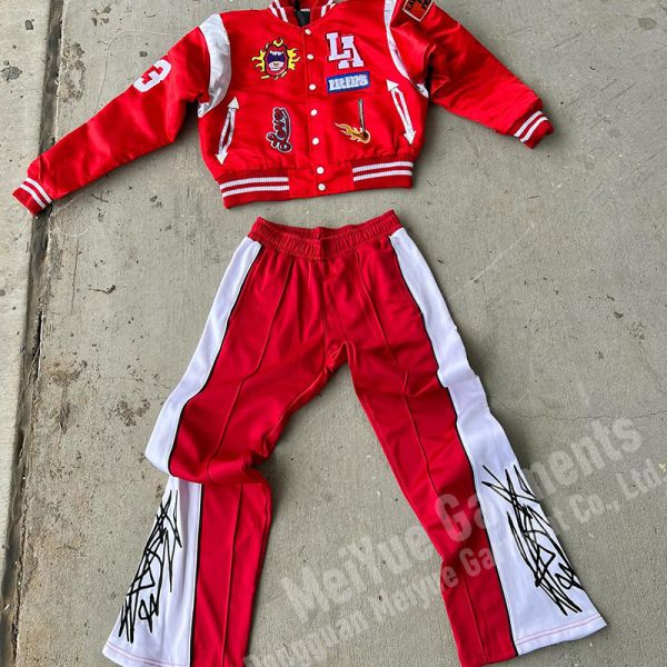 Chenille Embroidery Nylon Bomber Jacket Tracksuit Flared Sweatpants And Jacket Set