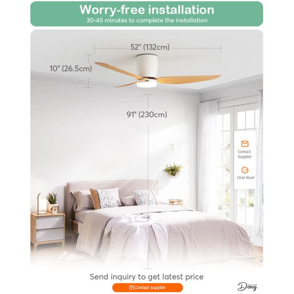 Iluminação personalizável Ventilador de teto de 52 polegadas com controle remoto e luz LED de 3 cores