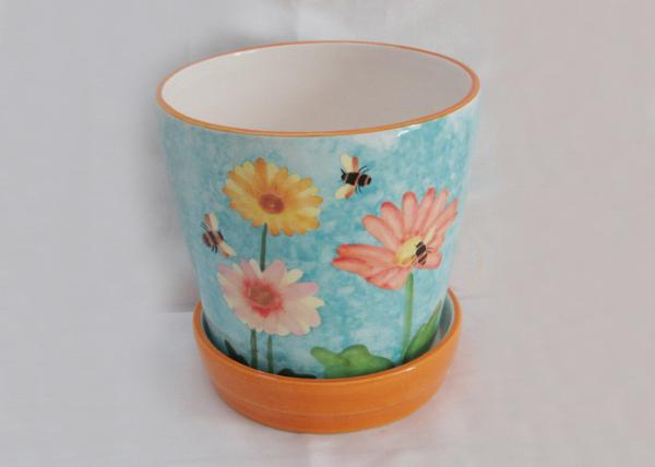 Dolomite Ceramic Garden Planters 6 inch flower pot Hand Painted with Attached Saucer