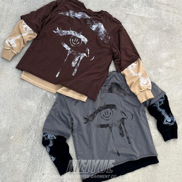 Logotipo de impresión DTG personalizado de doble capa Waffle Manga larga 100% de algodón Camiseta de calle de hombres suéter de gran tamaño camiseta para hombres