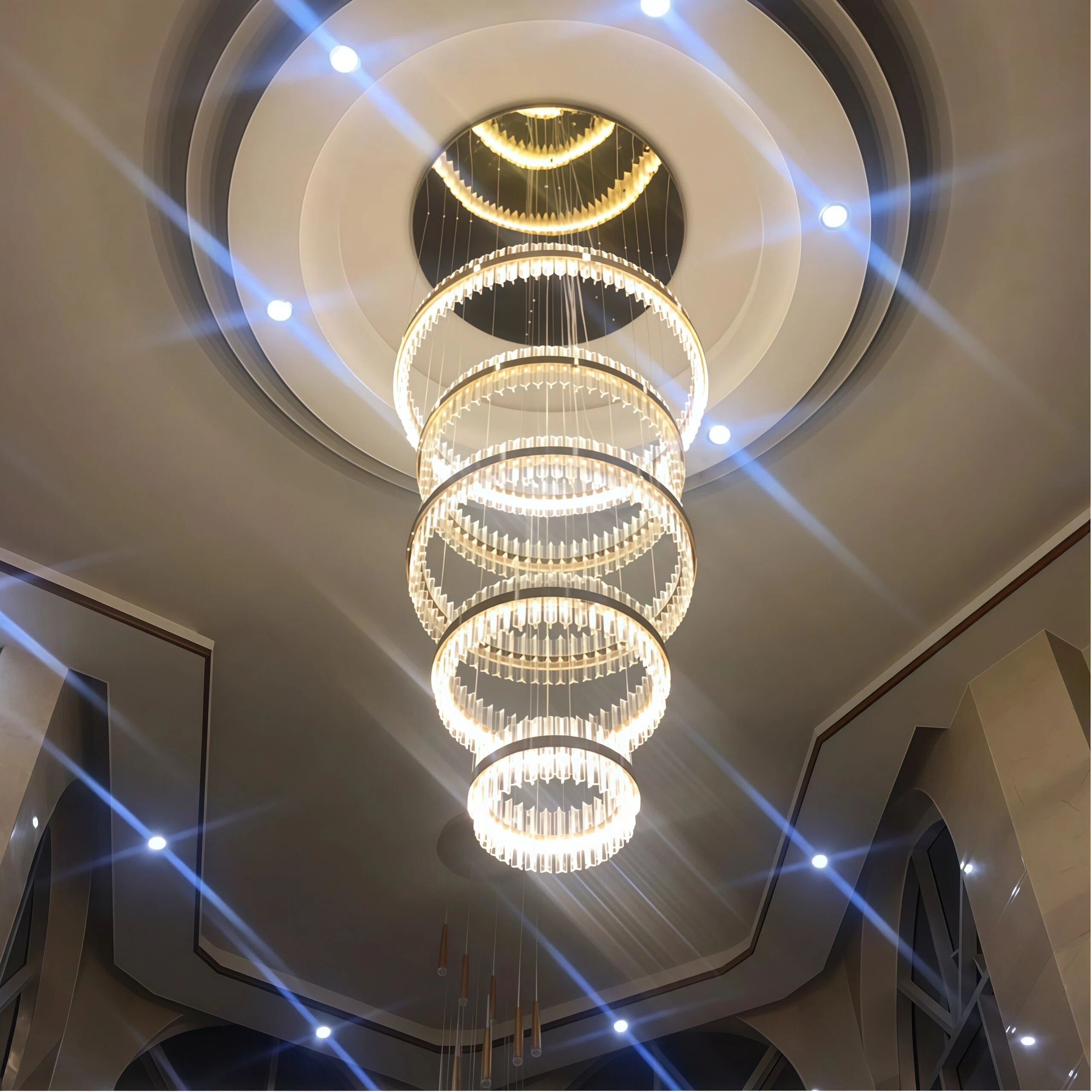 JYLIGHTING Multi-Tier Circular Crystal Pendant Light with Stainless Steel Frame, Height Adjustable Ring Chandelier for High Ceiling Commercial Projects