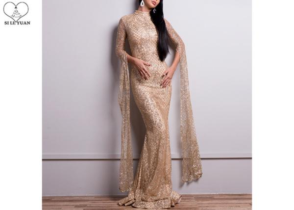 High Neck Mermaid Style Prom Dress Gold Dark Green Color Long Sleeve Lace Sequin