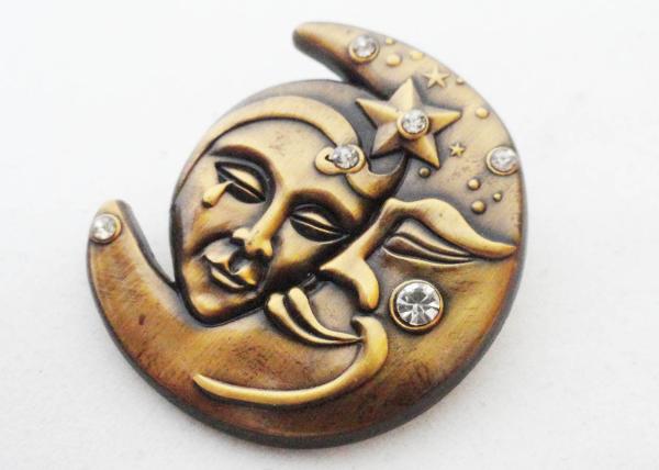 3D Zinc Alloy, Iron, Brass Rhinestone Lapel Pin without Soft Enamel, with Antique Gold Plating